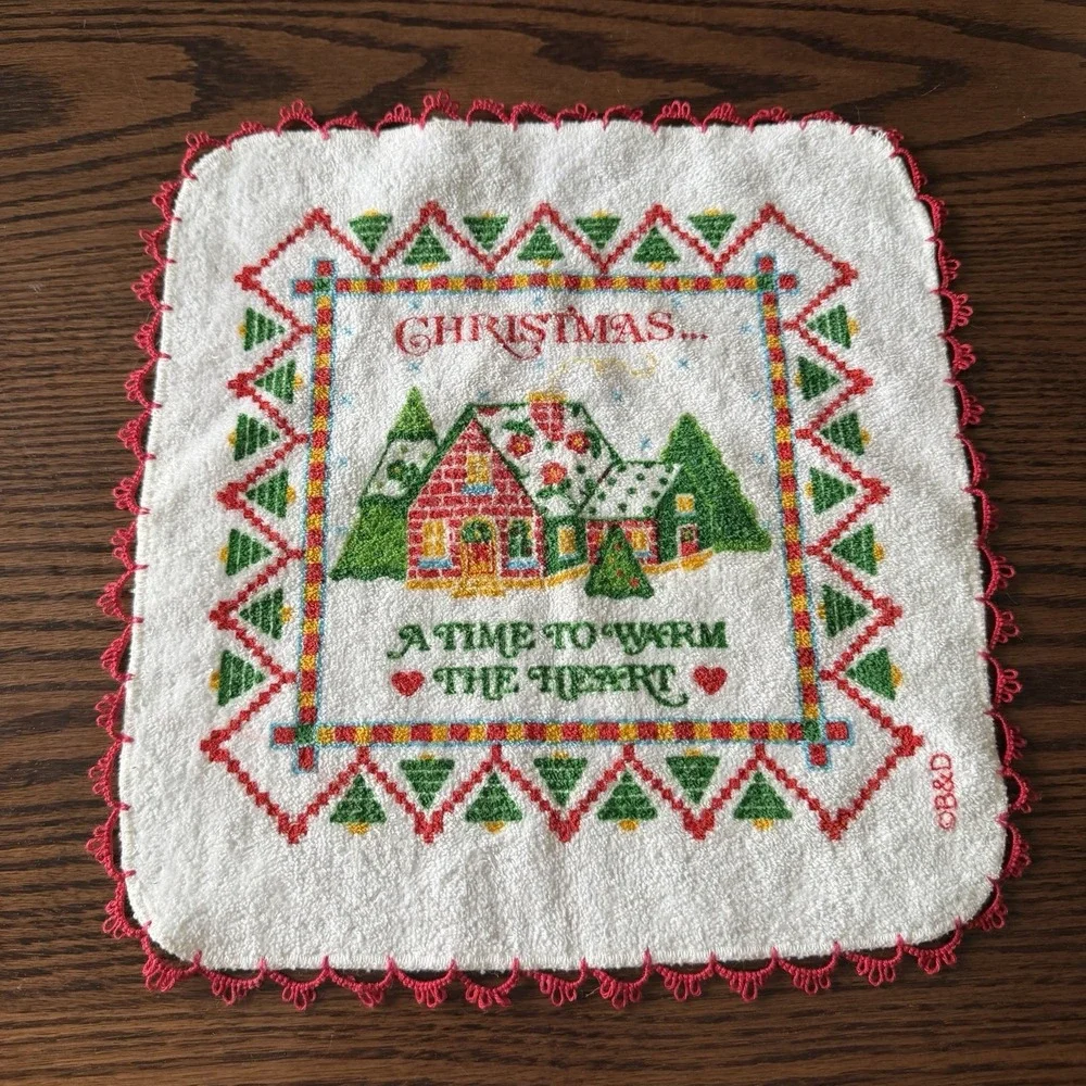 Vtg B&D Christmas Hand Towel Fringed A Time To Warm The Heart Cottage Core